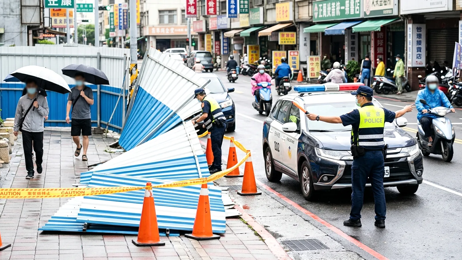 Bão Bawei gây gió giật mạnh, hàng rào công trình đổ tại Cao Hùng: Cảnh sát kịp thời xử lý