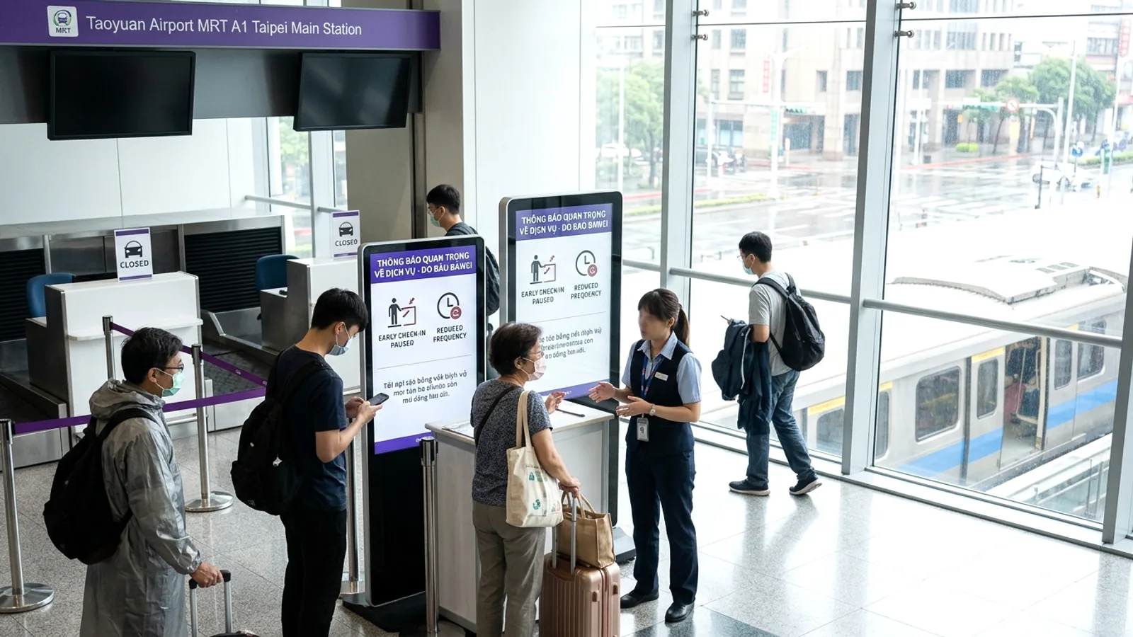 Taoyuan Airport MRT điều chỉnh dịch vụ do bão Bawei: Tạm dừng check-in sớm, giảm tần suất